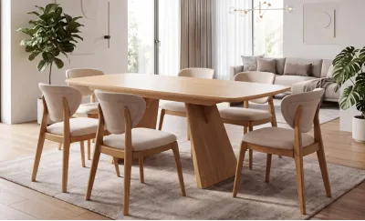 Set Masă Living Extensibilă DTW1002 Natur cu 6 Scaune DCW2703 CF Bej