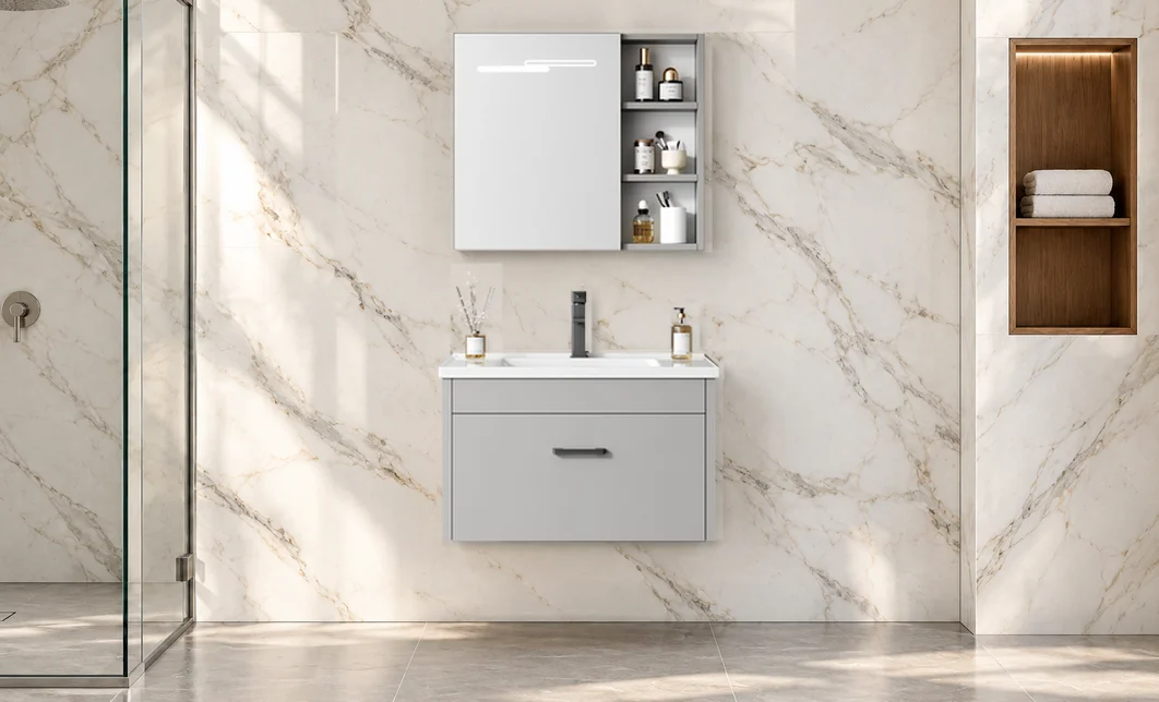 Set Mobilier Baie KJ-L021 Gri cu Lavoar și Oglindă