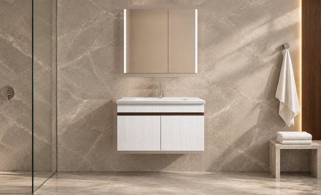 Set Mobilier Baie KJBS-515-60 Alb cu Lavoar și Oglindă LED