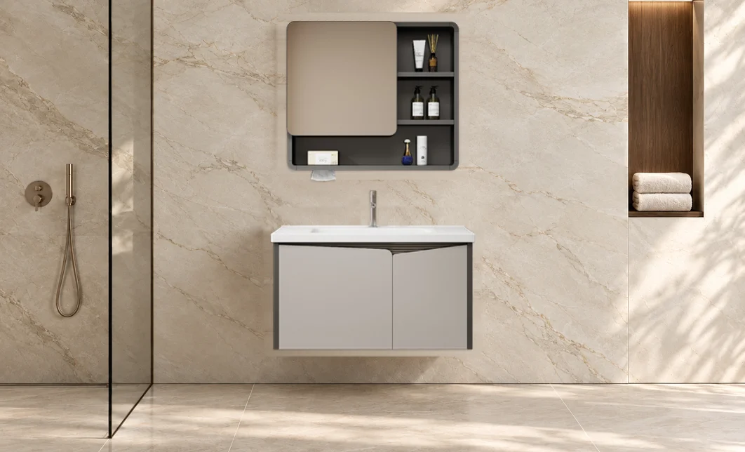 Set Mobilier Baie KJBS-26-80 Gri cu Lavoar și Oglindă