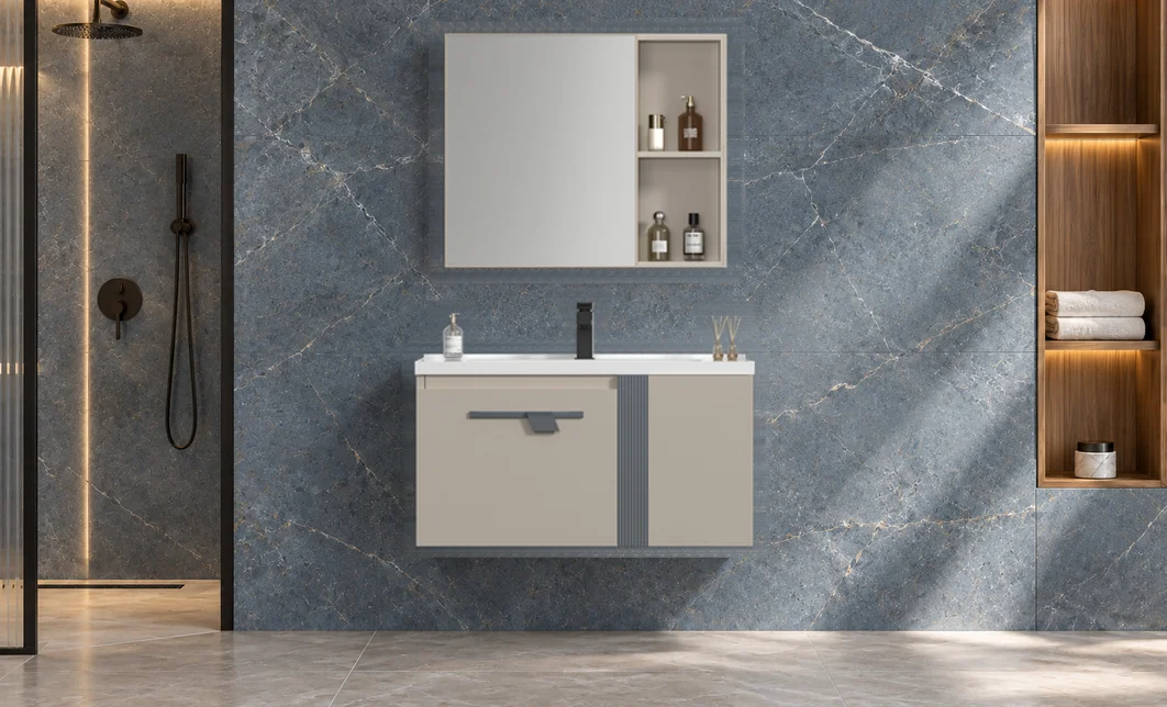 Set Mobilier Baie KJBS-2504-80 Bej cu Lavoar și Oglindă
