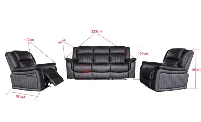 Set Canapea cu 2 Fotolii, Sistem Recliner Electric Edwina, Negru