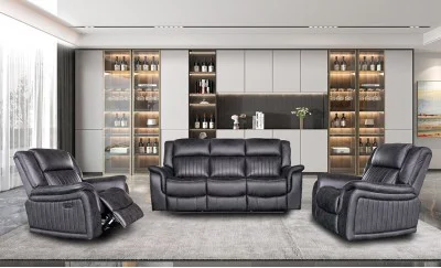 Set Canapea cu 2 Fotolii, Sistem Recliner Electric Edwina, Negru