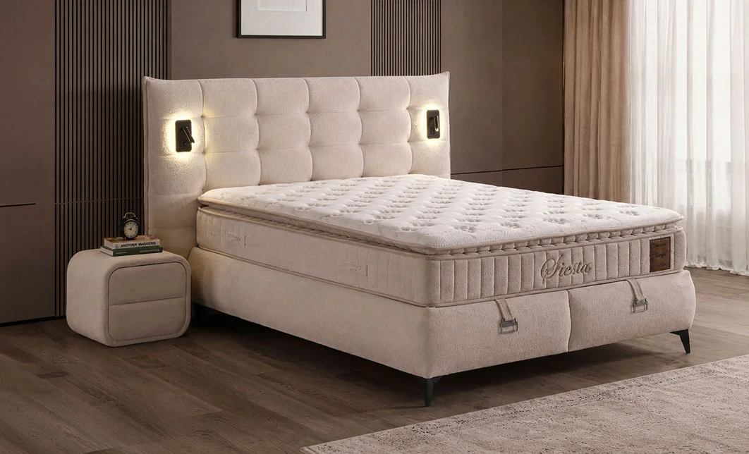 Set Pat Tapițat cu Saltea Siesta Plus și Somieră Rabatabilă Bej, 160x200