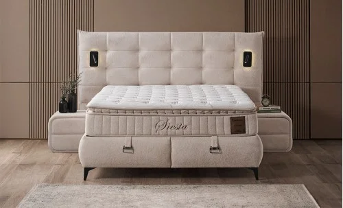 Set Pat Tapițat cu Saltea Siesta Plus și Somieră Rabatabilă Bej, 160x200