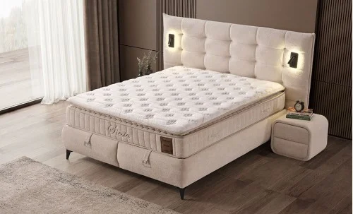 Set Pat Tapițat cu Saltea Siesta Plus și Somieră Rabatabilă Bej, 160x200