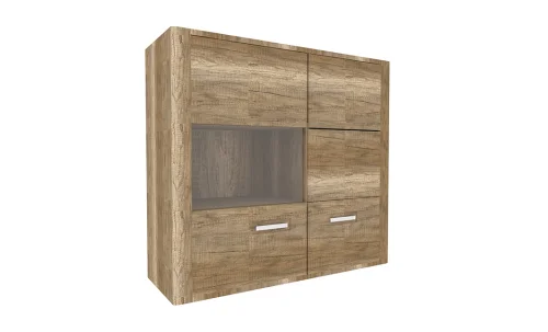 Vitrină Sales T23R, stejar artisan și grafit, cu ușă sticlă, 106x131x37cm